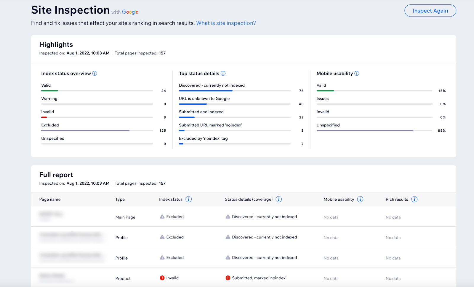 Wix's Site Inspection tool