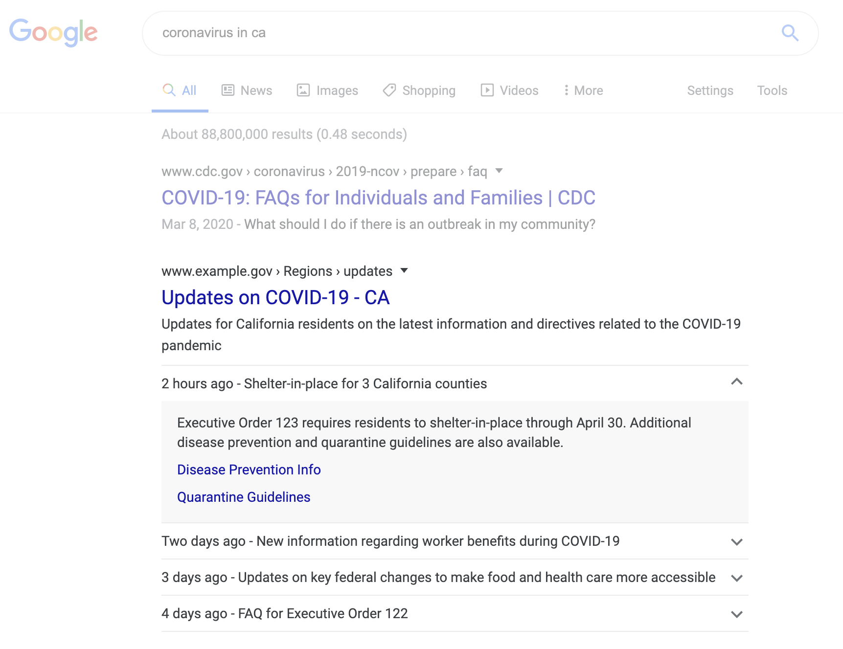 Beispiel für eine Mitteilung zu Coronavirus und COVID-19 in der Google Suche