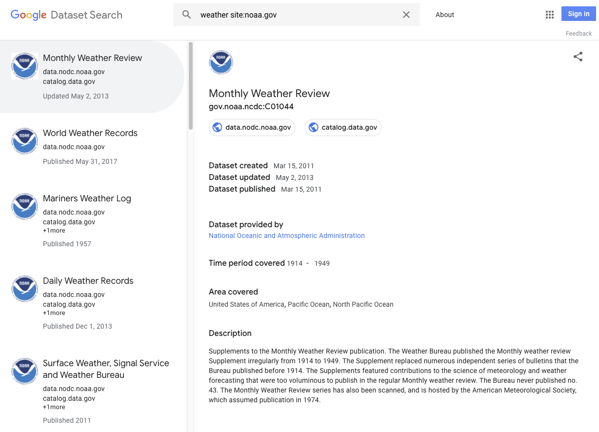 ตัวอย่างของ Dataset Search