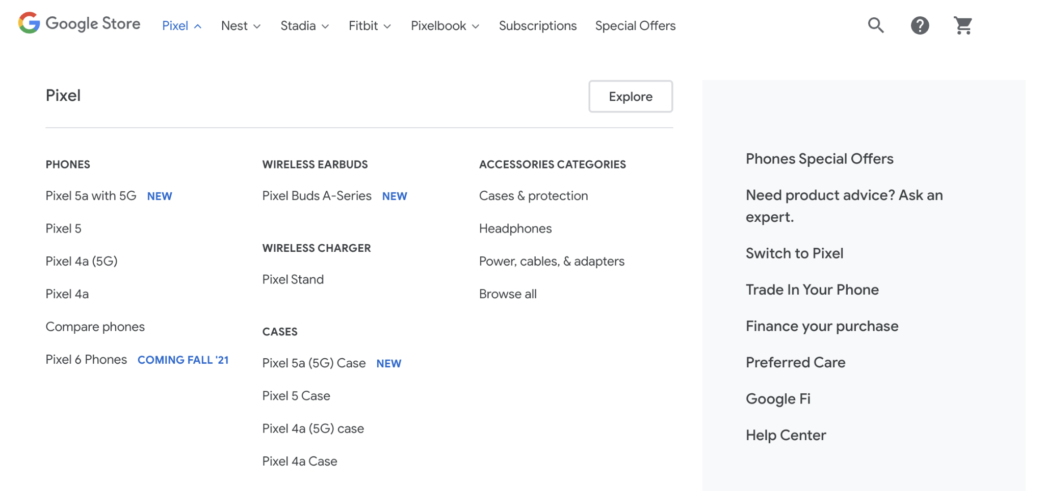 Exemple de menu de site avec des catégories de la boutique en ligne Google