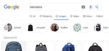 مثال على نتائج البحث بالصور من Google لطلب بحث عن حقائب الظهر