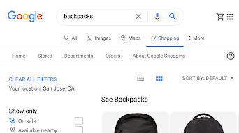 बैकपैक के लिए, Google Shopping में दिखने वाले खोज के नतीजों का उदाहरण