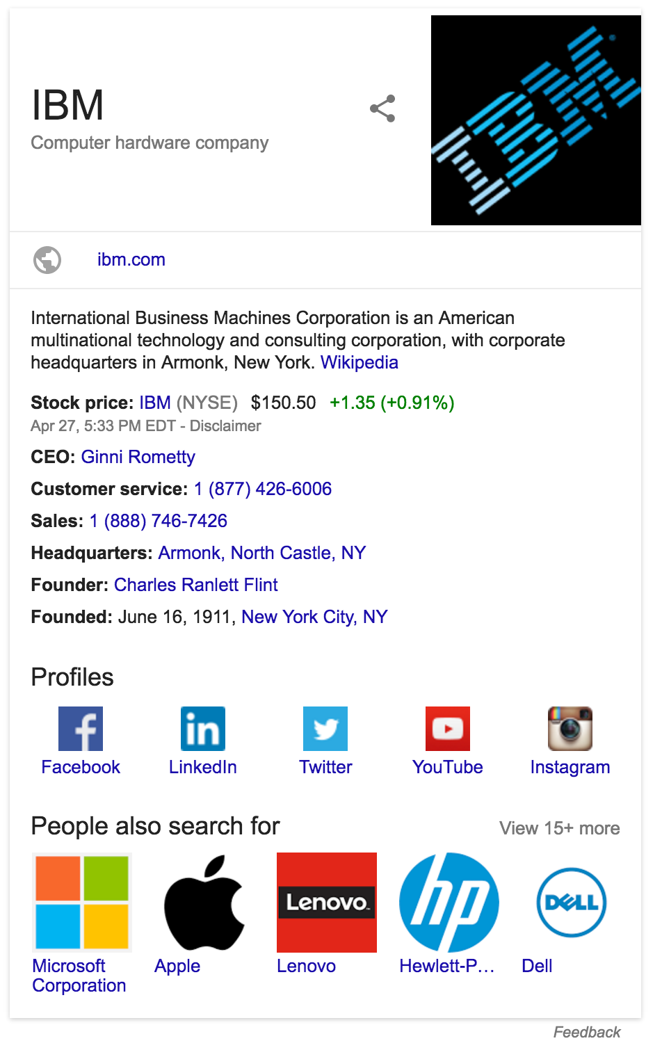 搜索结果中显示的 Google 知识面板