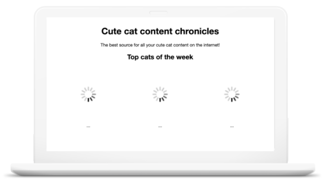 Un sitio web que muestra el título del sitio web. Deben aparecer imágenes de gatos en la página, pero solo se muestran iconos de carga.