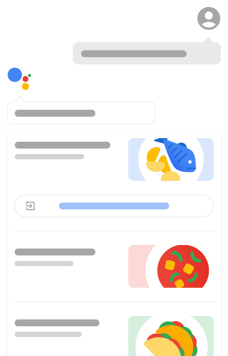 L'illustration représente comment les recettes guidées peuvent apparaître sur Google Home via l'Assistant Google. Elle montre l'Assistant Google qui répond à la demande d'un utilisateur avec une liste de recettes potentielles à préparer.
