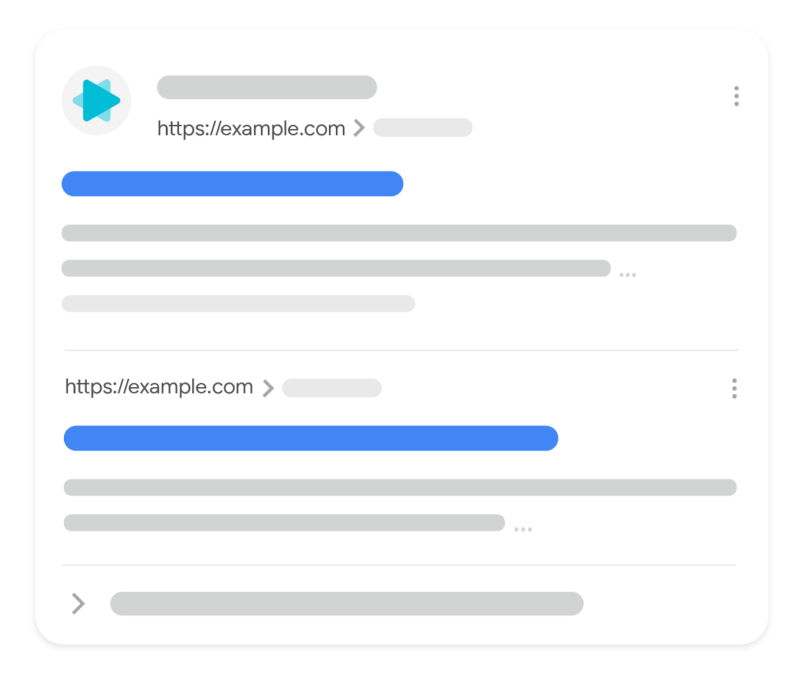 Ilustrasi grup host di Google Penelusuran, yang menampilkan dua hasil teks dari situs yang sama yang dikelompokkan bersama