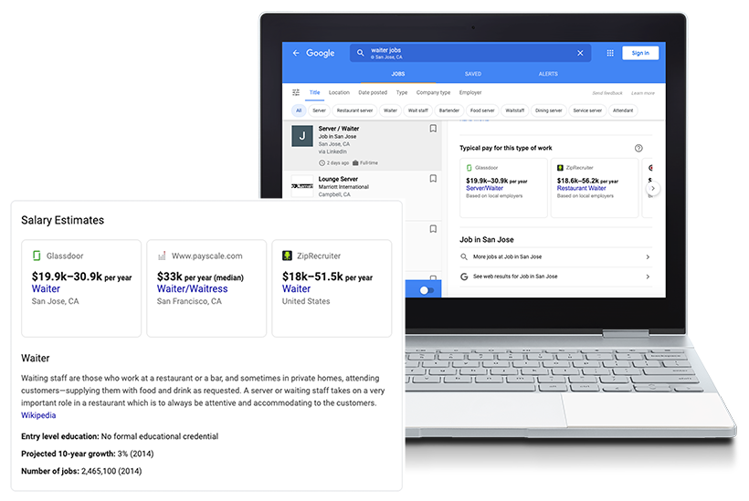 Informations d'estimation de salaire dans l'environnement de recherche d'offres d'emploi sur Google