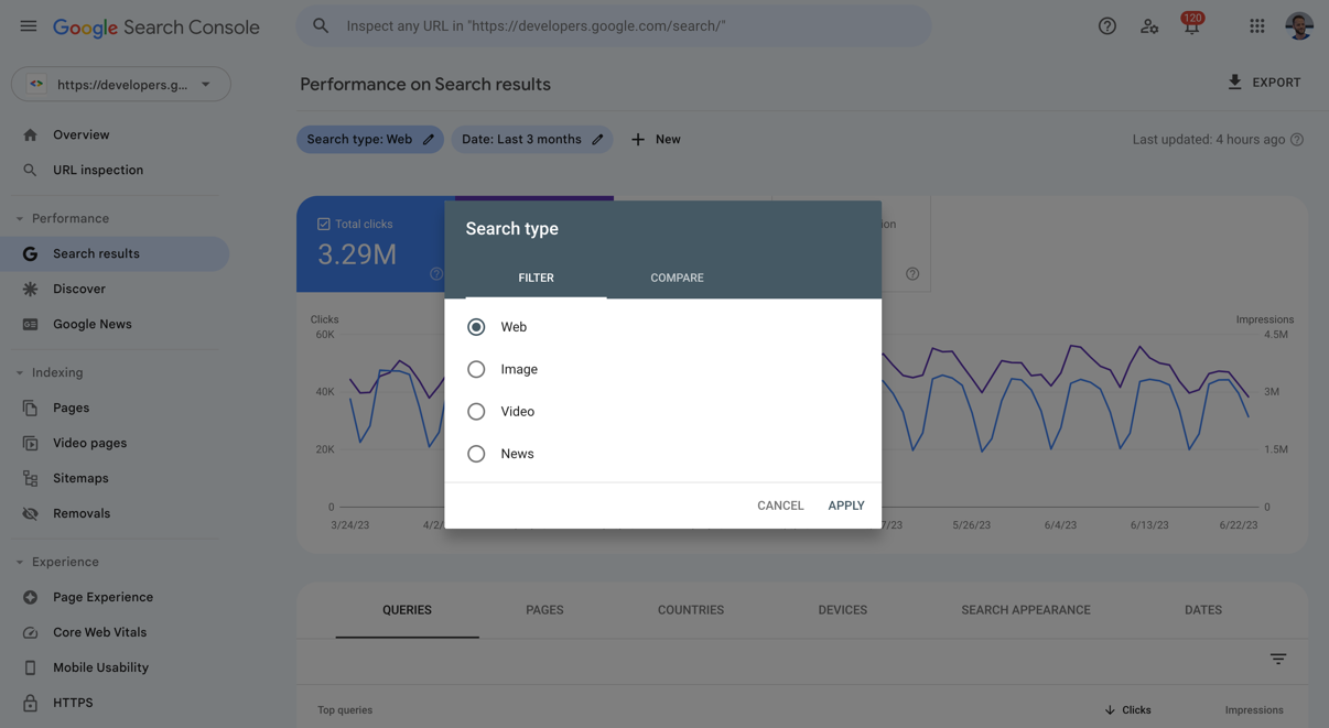 Screenshot filter jenis Penelusuran Laporan performa