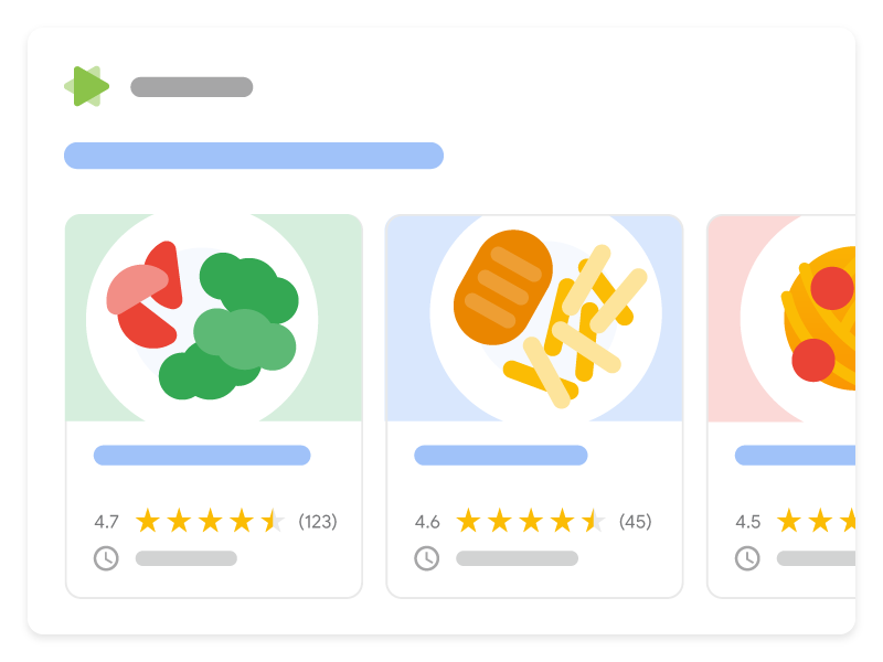 L&#39;illustration représente comment un carrousel hôte de recettes peut apparaître dans la recherche Google. Elle montre trois recettes différentes du même site Web sous forme de carrousel que les utilisateurs peuvent explorer pour sélectionner une recette spécifique.