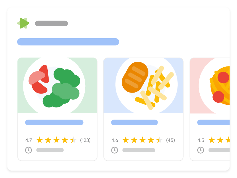 Google 検索でレシピのホスト カルーセルがどのように表示されるかを示すイラスト。同じウェブサイトの 3 つの異なるレシピがカルーセル形式で表示され、ユーザーは特定のレシピを探索して選択できるようになっています