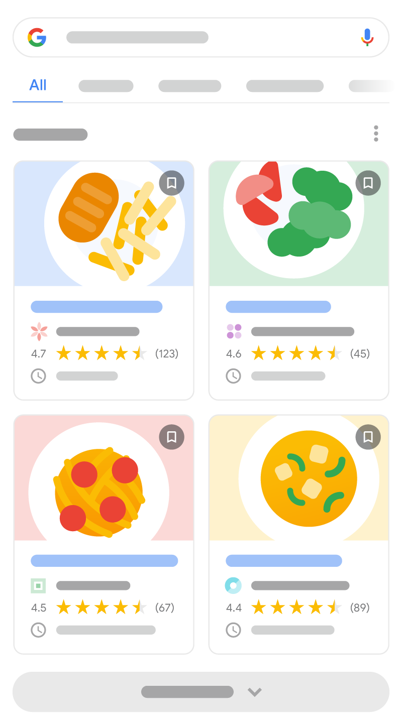 An illustration of how recipe rich results can appear in Google Search. It contains 4 rich results from different websites, with details about how long it takes to cook the recipe, an image, and review information.