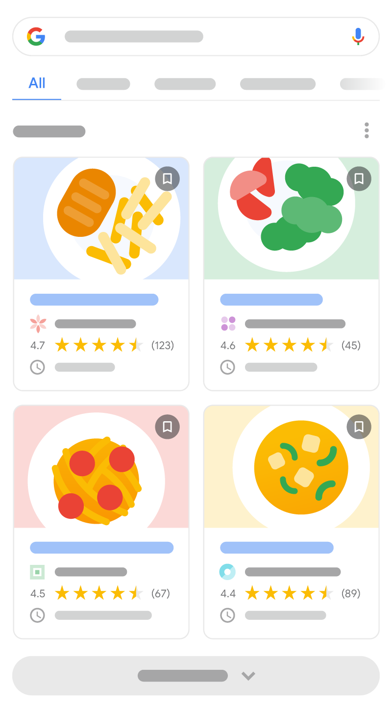 Uma ilustração de como a pesquisa aprimorada de receitas pode aparecer na Pesquisa Google. Ela tem quatro pesquisas aprimoradas de diferentes sites, com detalhes sobre quanto tempo leva para cozinhar, uma imagem e informações de avaliações.