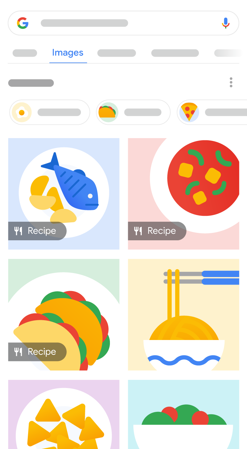 Eine Abbildung, wie Rezepte in Google Bilder erscheinen können. Es gibt 6 Bilder, auf denen verschiedene Lebensmittel zu sehen sind. 3 Ergebnisse enthalten ein Rezeptlogo, das den Nutzer darüber informiert, dass es sich um ein Rezept handelt.