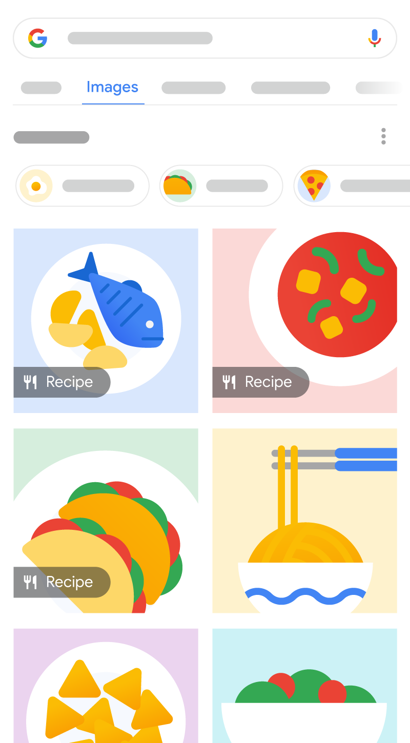 L&#39;illustration représente comment une recette peut apparaître dans Google Images. Six résultats d&#39;images affichent différents aliments, et trois de ces résultats contiennent un badge de recette indiquant à l&#39;utilisateur qu&#39;il s&#39;agit d&#39;une recette.