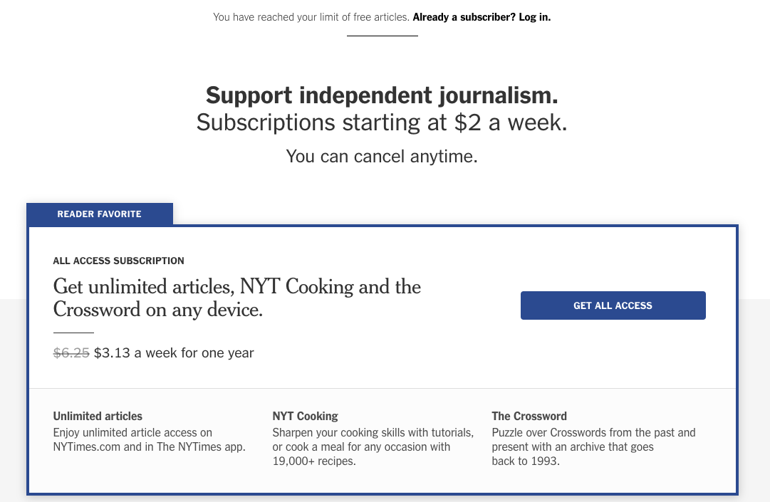 Contoh penghalang konten berbayar New York Times yang menunjukkan pembaca telah mencapai batas
                        artikel