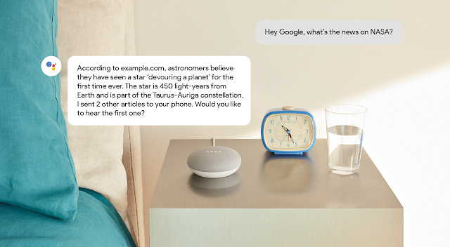 Google Home과의 대화를 보여주는 speakable의 예 사용자가 Google Home에게 NASA의 최신 소식을 묻습니다. Google Home이 3개의 뉴스 기사 목록으로 응답합니다.