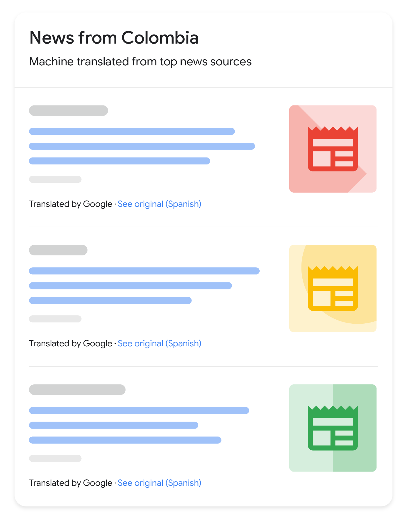 Apparence possible des résultats d&#39;actualités traduits dans la recherche Google