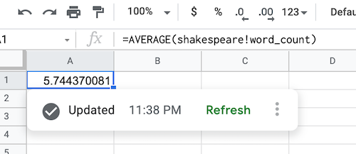 Datenquellenformel, die Daten aus dem öffentlichen Shakespeare-Dataset zeigt.