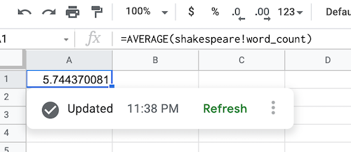 Screenshot di una formula di origine dati che mostra i dati del set di dati di Shakespeare