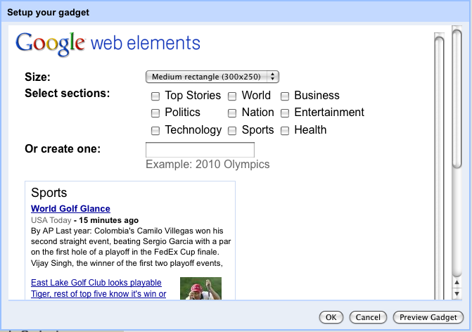 Google Sites widget&#39;ı yapılandırma görünümü