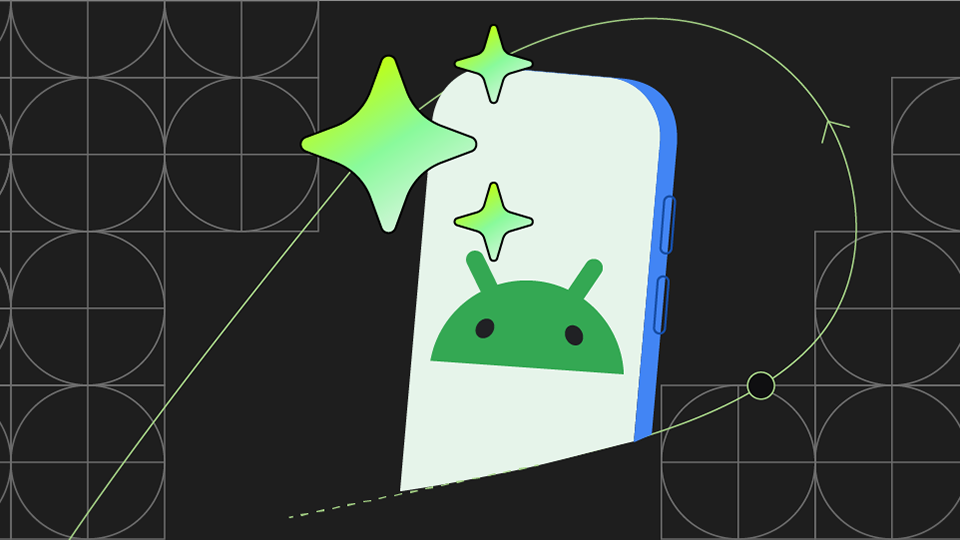 画面に Android ロゴが表示されたスマートフォン。周囲には星が浮かんでいる。