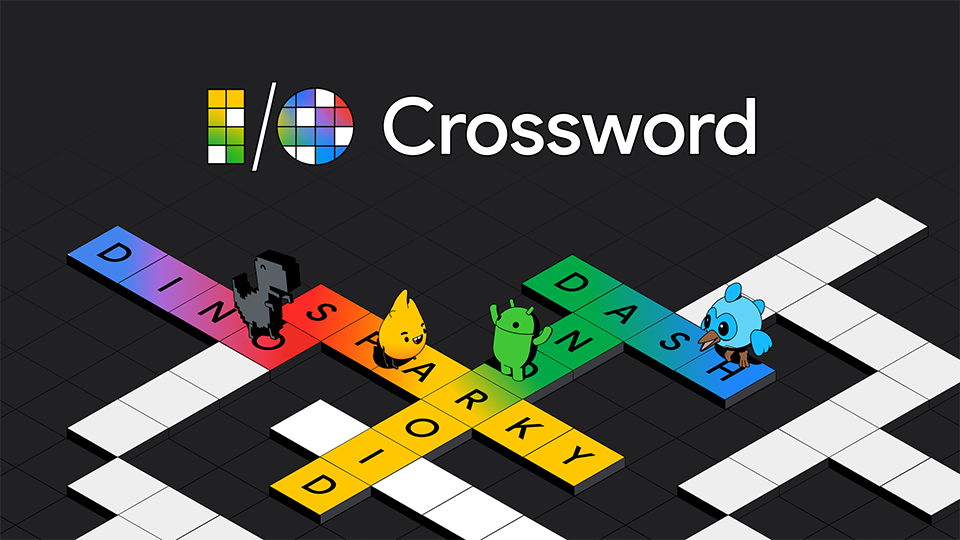 黑色背景上有单词填字游戏，其中包含 Google 吉祥物（包括 Firebase Sparky、Chrome 恐龙游戏、Android Robot 和 Flutter Dash）的名称