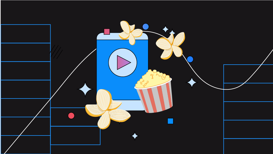 Auf einem Smartphone wird eine Schaltfläche zum Abspielen angezeigt, umgeben von einer Tüte Popcorn und stilisierten Blütenblättern.
