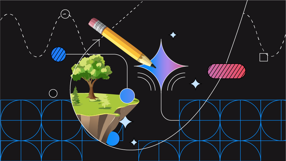 یک مداد و یک منظره تلطیف شده از یک درخت در یک جزیره شناور.