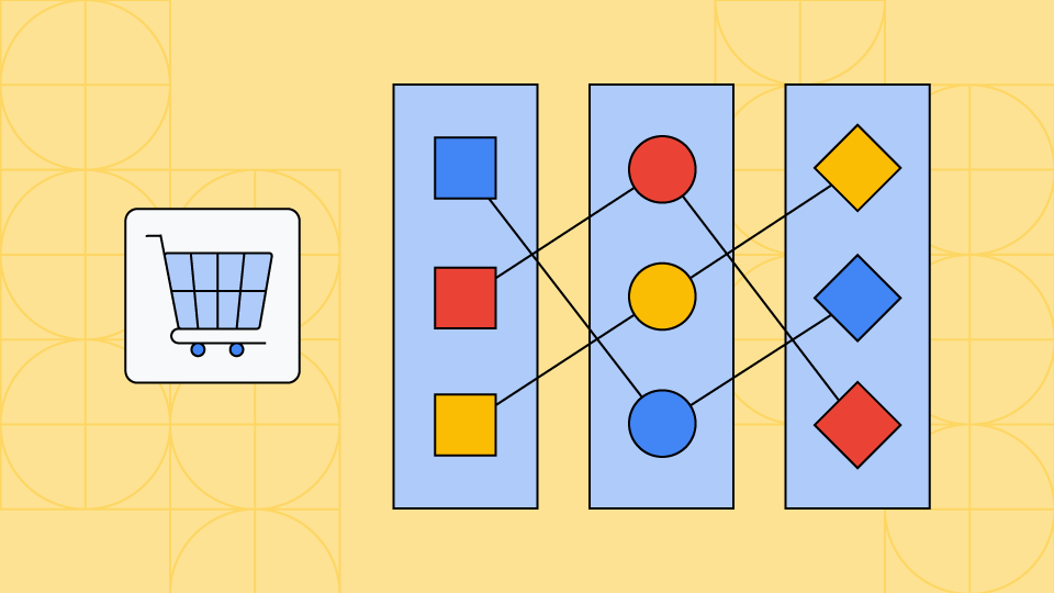 سبد خرید آبی رنگ و مجموعه ای از دایره ها و مربع ها که با یک سری خطوط به هم متصل شده اند