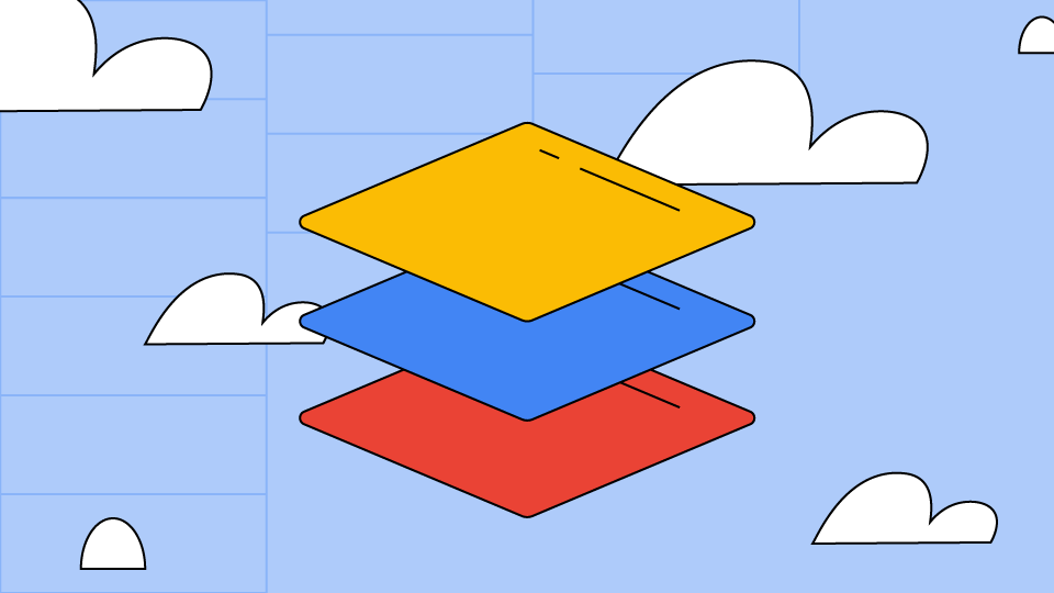 Un cuadrado amarillo, un cuadrado azul y otro cuadrado que flotan inertemente en un cielo azul con nubes blancas