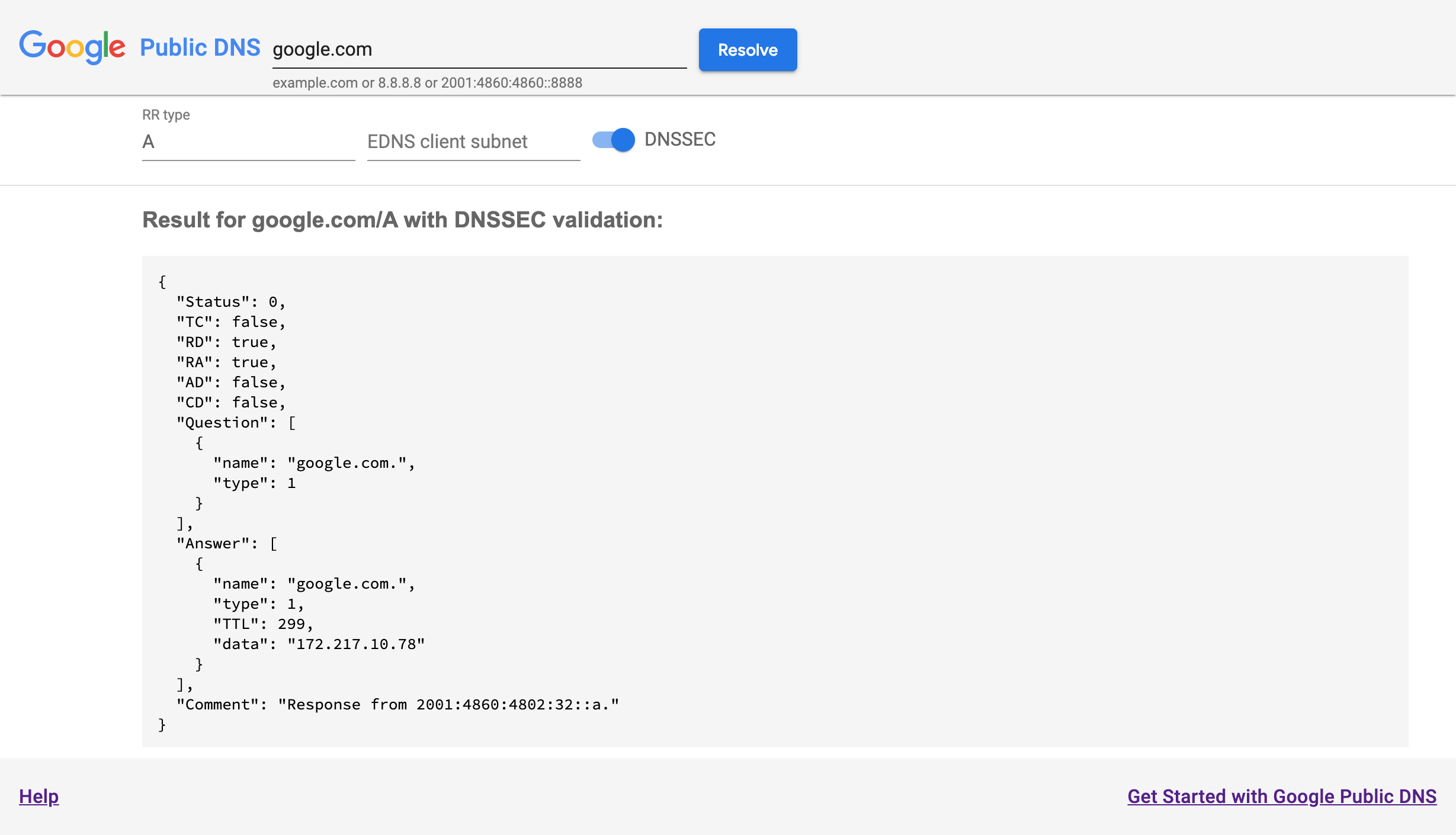 Страница сведений о публичном DNS Google