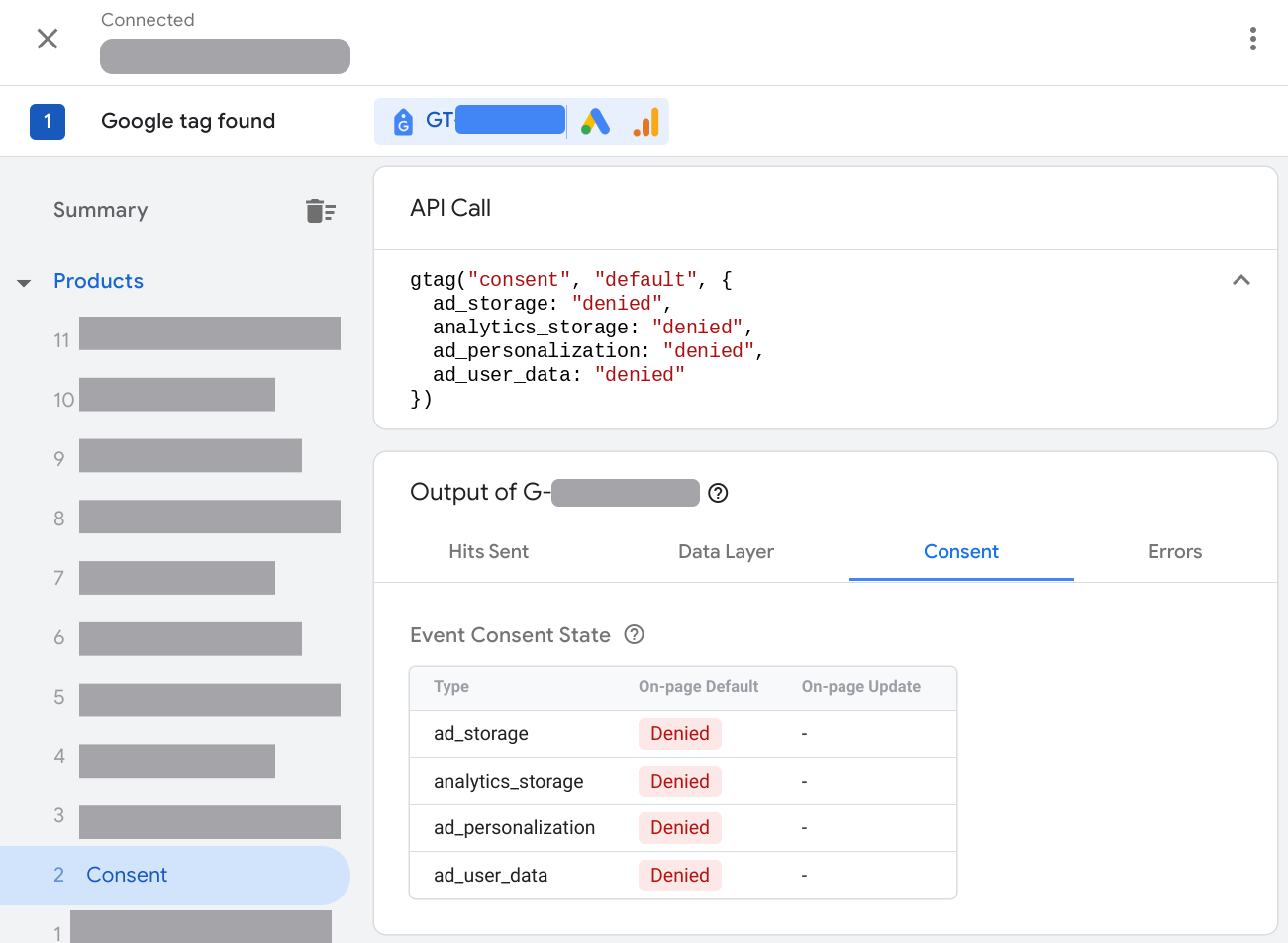 Screenshot Tag Assistant yang menampilkan setelan izin default