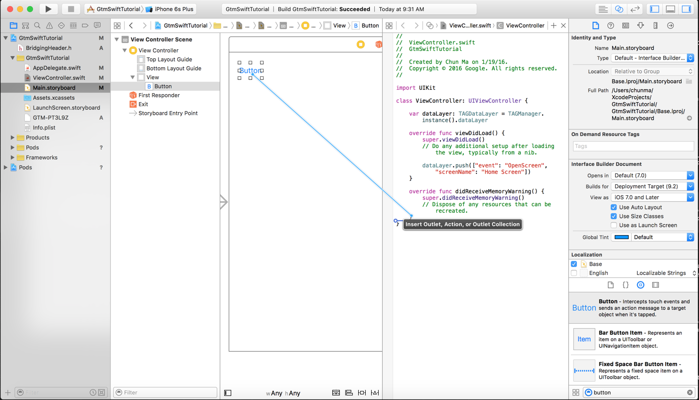 Tarik lalu lepas tombol ke definisi class ViewController