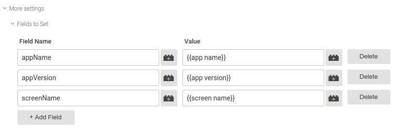 добавьте эти поля: имя приложения, версия приложения и имя экрана.