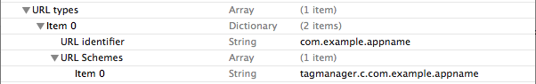 আপনার অ্যাপ্লিকেশনের সম্পত্তি তালিকা ফাইলে ট্যাগ ম্যানেজার পূর্বরূপ URL স্কিম নিবন্ধন করুন।