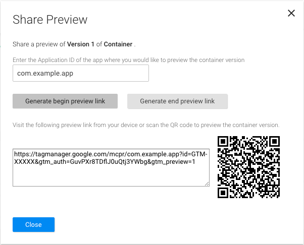 Las URLs de vista previa están disponibles en la ventana de vista previa de la interfaz web
 de Tag Manager.