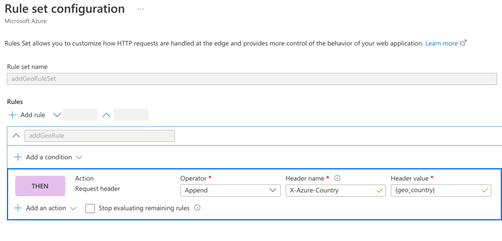 Captura de pantalla de la configuración de Azure Front Door