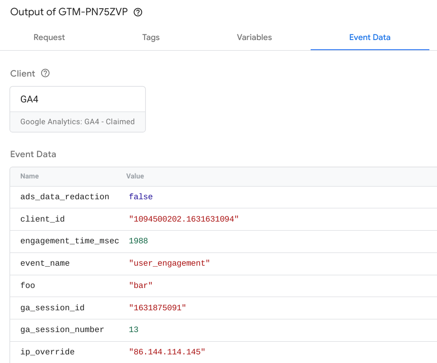 Screenshot yang menampilkan tab Data Peristiwa Tag Manager