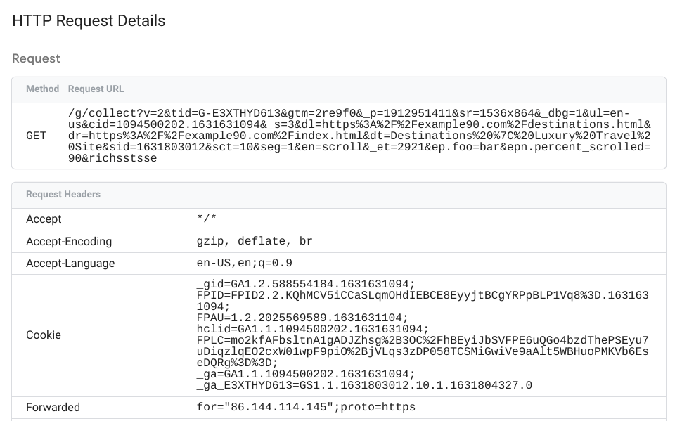 Screenshot che mostra i dettagli della richiesta in arrivo di Tag Manager