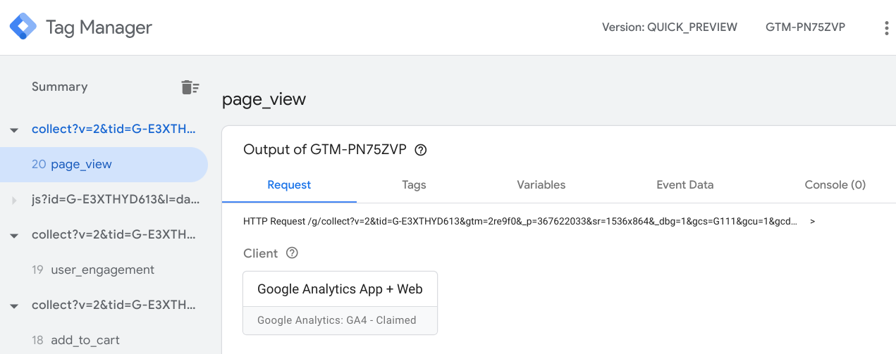 ภาพหน้าจอแสดง Tag Manager ในโหมดแสดงตัวอย่าง