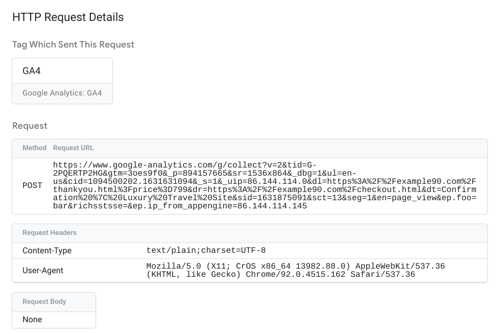 ภาพหน้าจอแสดงรายละเอียดคำขอขาออกของ Tag Manager