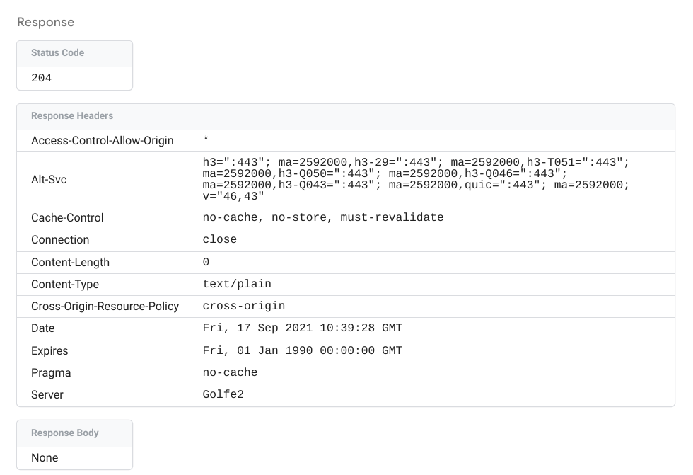 Screenshot yang menampilkan detail respons keluar Tag Manager