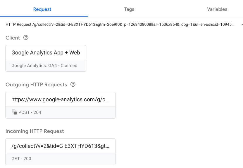 צילום מסך שבו מוצגת הכרטיסייה &#39;בקשה&#39; מ-Tag Manager