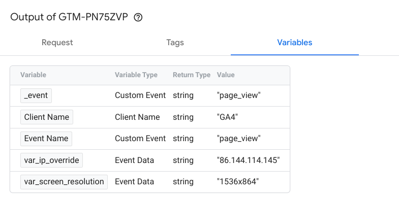 צילום מסך שבו מוצגת הכרטיסייה &#39;משתנים של Tag Manager&#39;