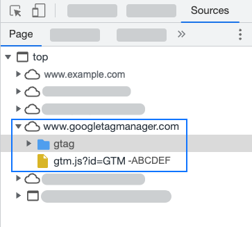 Zrzut ekranu przedstawiający narzędzia dla programistów, gdzie źródłem skryptów Google jest www.googletagmanager.com