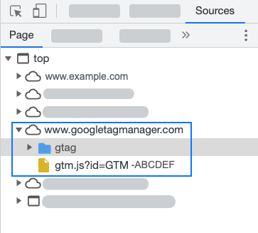 Screenshot der Entwicklertools mit www.googletagmanager.com als Quelle für Google-Skripts