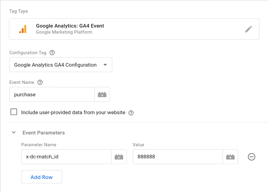 Configuración de los parámetros de dc- en la etiqueta web de GA4.