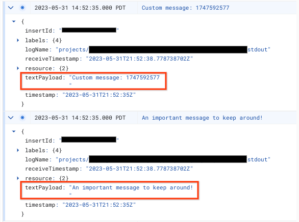 ภาพหน้าจอของ GCP Logging Explorer
ที่แสดงตัวอย่างบันทึก