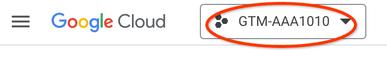 Captura de pantalla del selector de proyectos de GCP, donde se ve un ID de contenedor de Tag Manager de muestra.