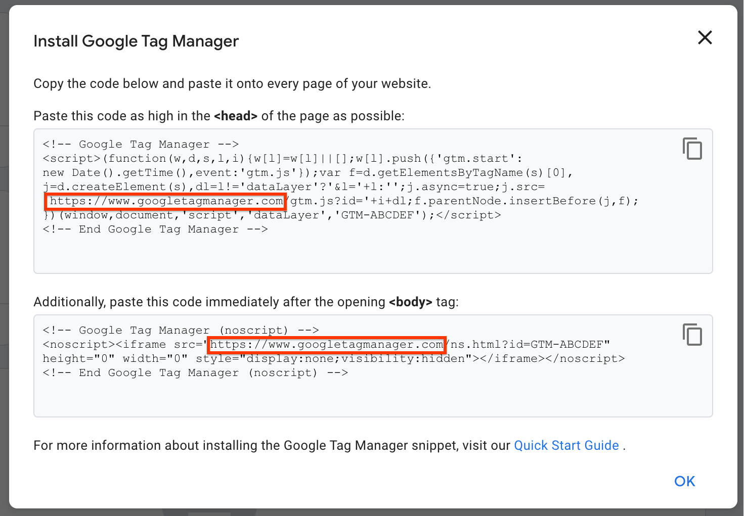 Zrzut ekranu pokazujący fragment kodu Menedżera tagów Google do wstawiania gtm.js i ns.html